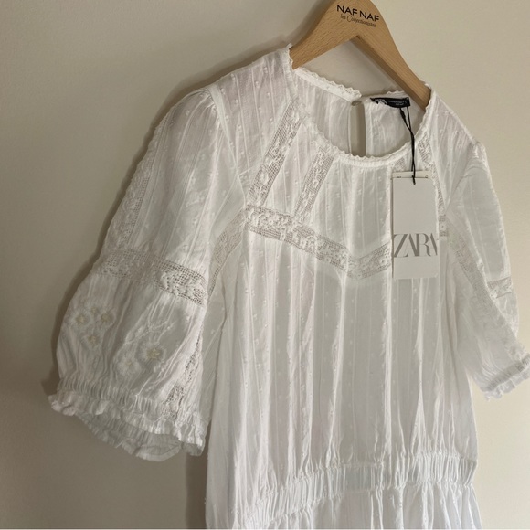 ZARA EMBROIDERED DOTTED MESH WHITE DRESS - Picture 6 of 8